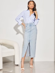 Lipsy Bleach Denim Blue Denim High Rise Split Front Maxi Skirt - Image 3 of 4
