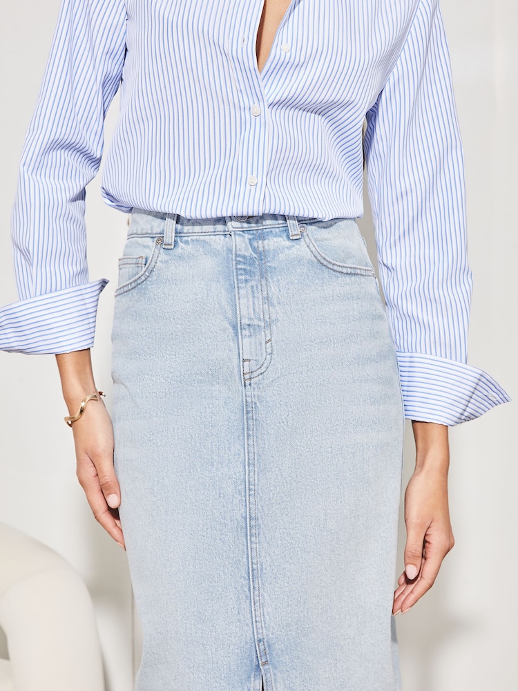 Lipsy Bleach Denim Blue Denim High Rise Split Front Maxi Skirt - Image 4 of 4