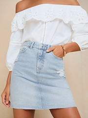 Lipsy Light Wash Navy Blue Denim High Waist Mini Skirt - Image 1 of 4