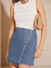 Lipsy Mid Wash Blue Denim Asymmetric Button Mini Skirt - Image 1 of 4