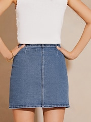 Lipsy Mid Wash Blue Denim Asymmetric Button Mini Skirt - Image 2 of 4