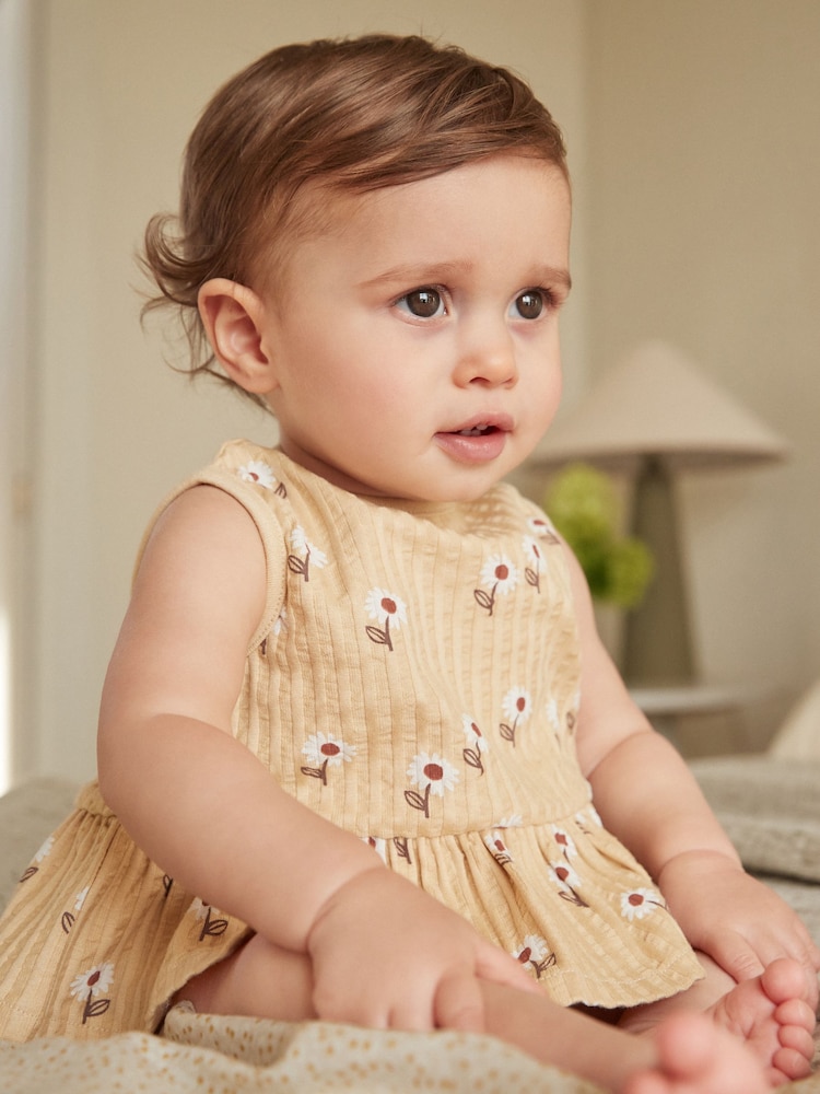 Beige Floral Baby Peplum 100% Cotton Vest and Bloomer Shorts Set 2 Piece - Image 1 of 8
