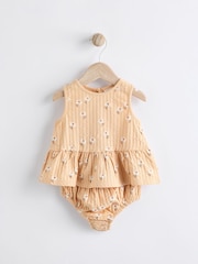 Beige Floral Baby Peplum 100% Cotton Vest and Bloomer Shorts Set 2 Piece - Image 2 of 8