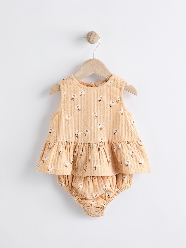 Beige Floral Baby Peplum 100% Cotton Vest and Bloomer Shorts Set 2 Piece - Image 2 of 8