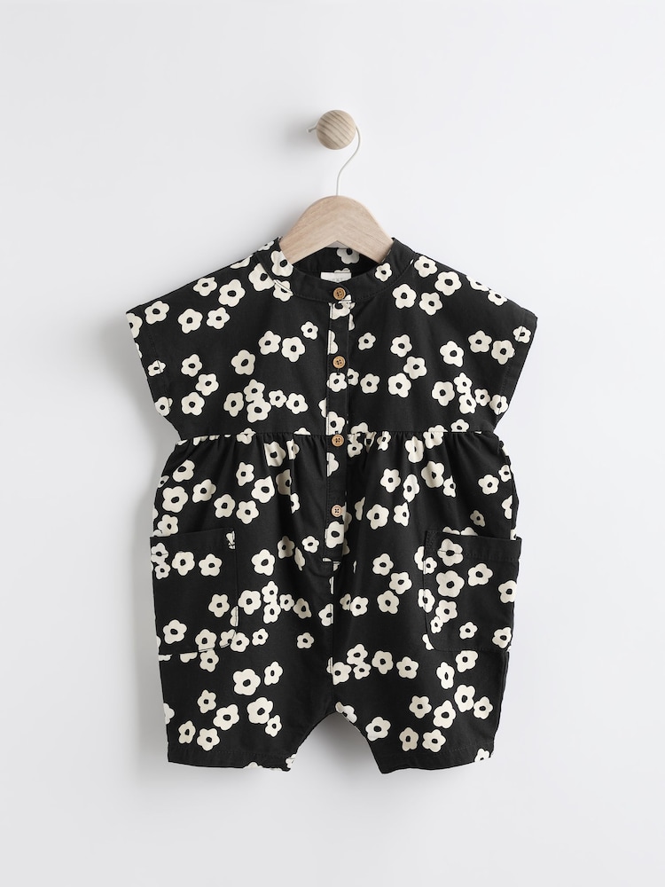 Black/White Flower Baby 100% Cotton Romper (0mths-2yrs) - Image 1 of 9