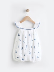 White/Blue Floral Embroidered Baby Woven Romper (0mths-2yrs) - Image 1 of 8