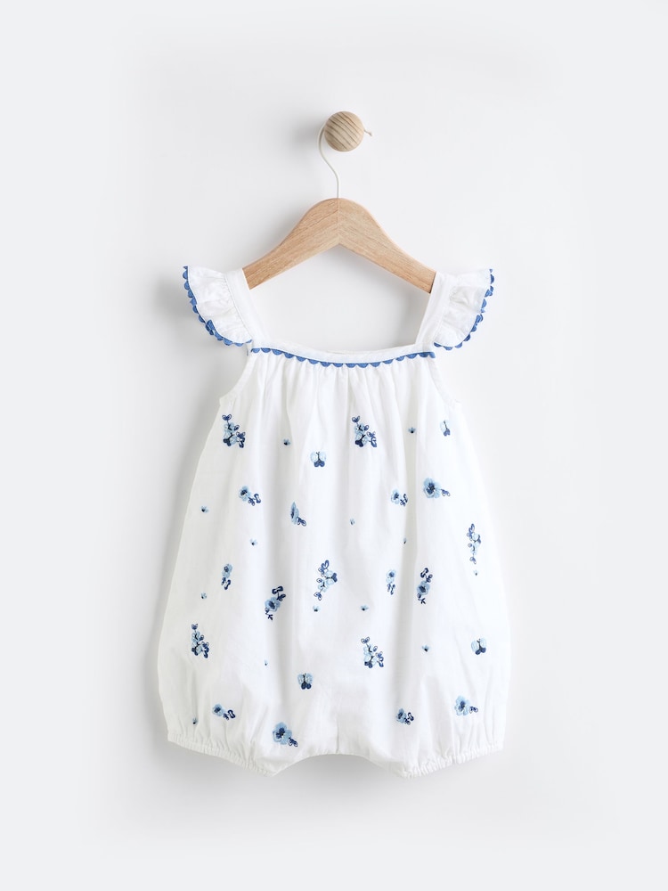 White/Blue Floral Embroidered Baby Woven Romper (0mths-2yrs) - Image 1 of 8