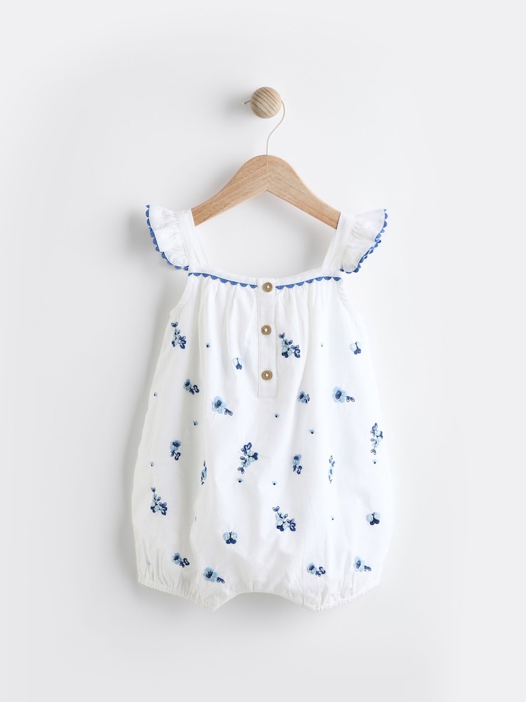 White/Blue Floral Embroidered Baby Woven Romper (0mths-2yrs) - Image 2 of 8