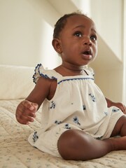 White/Blue Floral Embroidered Baby Woven Romper (0mths-2yrs) - Image 8 of 8