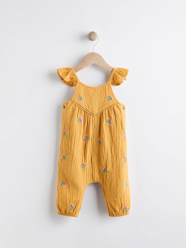 Ochre Yellow Embroidered Baby 100% Cotton Woven Jumpsuit (0mths-2yrs) - Image 1 of 6