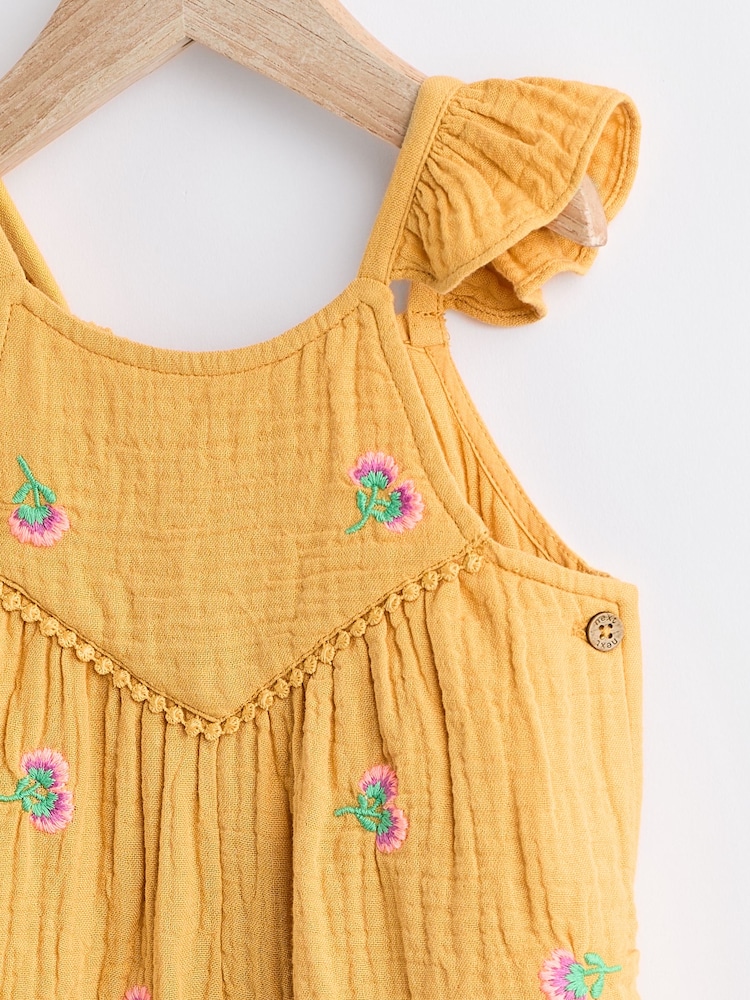 Ochre Yellow Embroidered Baby 100% Cotton Woven Jumpsuit (0mths-2yrs) - Image 2 of 6