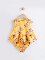 Blumenmuster, Ocker/Gelb - 2-teiliges Baby-Set mit Schößchenoberteil und Höschen aus 100 % Baumwolle - Bild 3 von 8