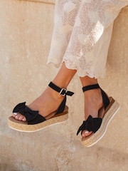 Linzi Black Dove Bow Detail Espadrille Inspired Platform Wedges - Image 1 of 5