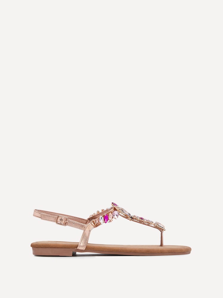 Linzi Pink Viola Flat T Bar Diamante Trim Sandals - Image 2 of 5