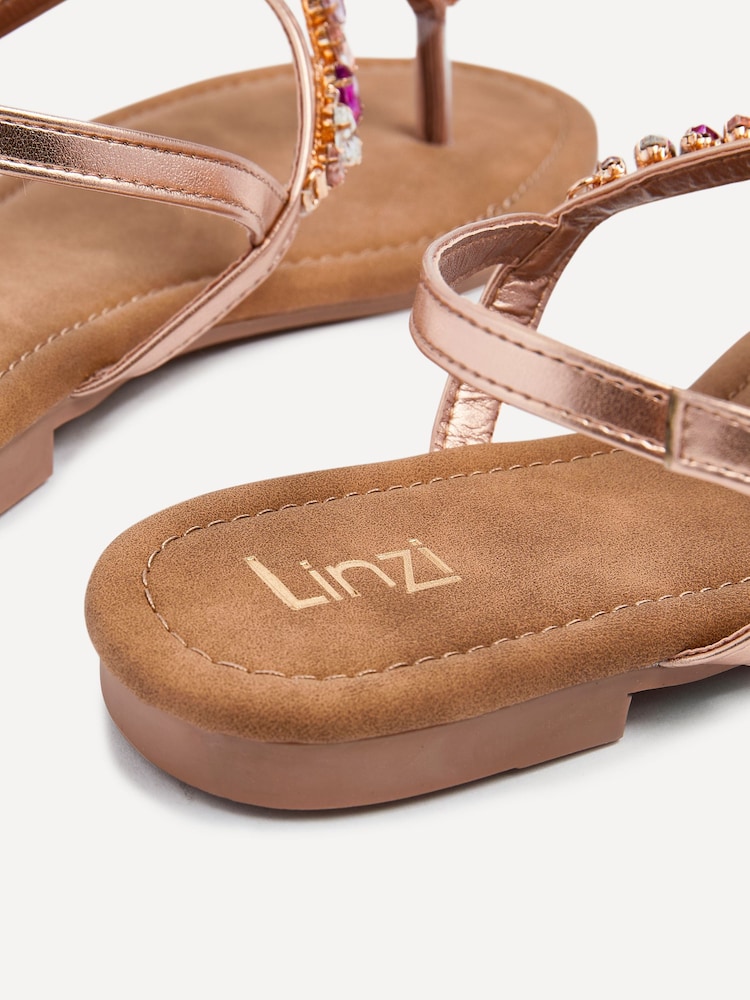 Linzi Pink Viola Flat T Bar Diamante Trim Sandals - Image 5 of 5