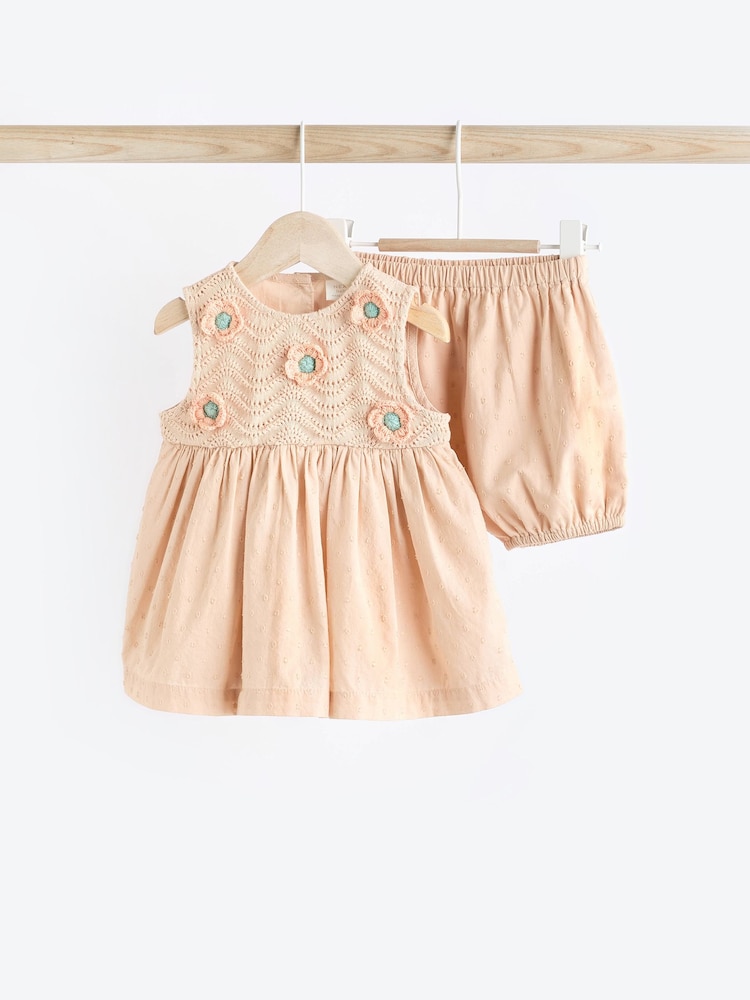Beige Crochet Detail Baby 100% Cotton Woven Dress And Bloomer Set (0mths-2yrs) - Image 1 of 13