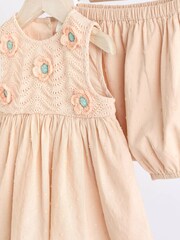 Beige Crochet Detail Baby 100% Cotton Woven Dress And Bloomer Set (0mths-2yrs) - Image 11 of 13