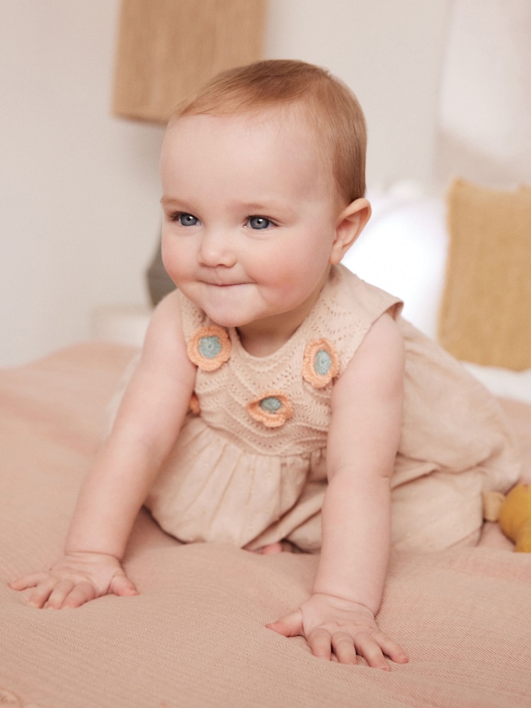 Beige Crochet Detail Baby 100% Cotton Woven Dress And Bloomer Set (0mths-2yrs) - Image 2 of 13