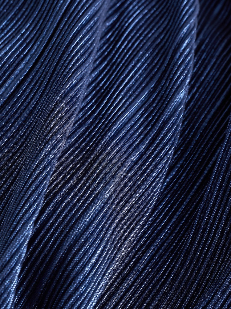 Navy Blue Plisse Long Sleeve Knotted Dress - Image 1 of 1