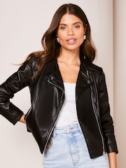 Lipsy Black Faux Leather Collarless Biker Jacket - Image 1 of 4