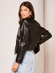 Lipsy Black Faux Leather Collarless Biker Jacket - Image 2 of 4