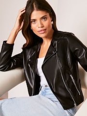 Lipsy Black Faux Leather Collarless Biker Jacket - Image 4 of 4