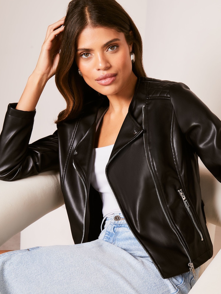 Lipsy Black Faux Leather Collarless Biker Jacket - Image 4 of 4