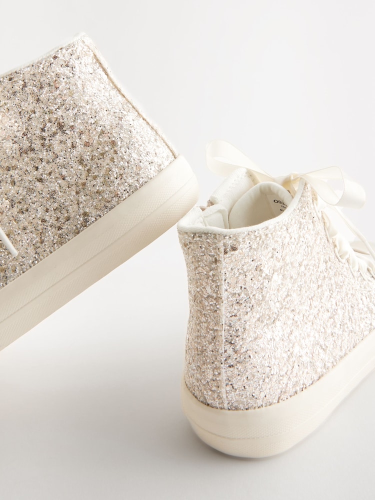 Ivory White Glitter Lace-Up High Top Trainers - Image 4 of 5