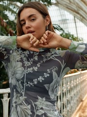 Kew Collection Navy Floral Long Sleeve Floral Mesh Top - Image 4 of 7