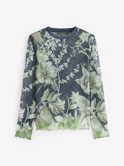 Kew Collection Navy Floral Long Sleeve Floral Mesh Top - Image 5 of 7