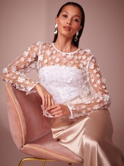 White 3D Floral Mesh Blouse - Image 1 of 6