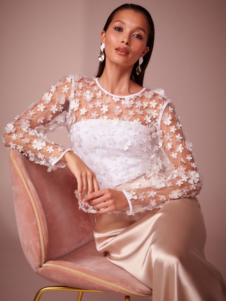 White 3D Floral Mesh Blouse - Image 1 of 6