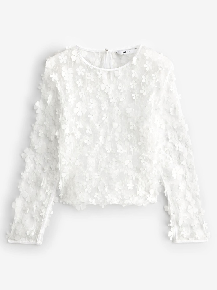 White 3D Floral Mesh Blouse - Image 5 of 6