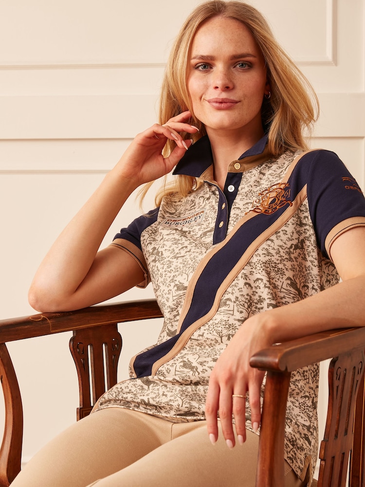 Joules Official Burghley Navy/Camel Printed Polo Shirt - Image 2 of 3