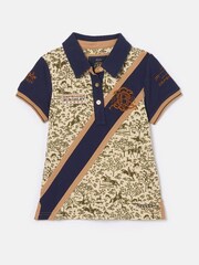 Joules Official Burghley Navy/Camel Girls' Printed Polo Shirt - Image 1 of 3