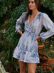 Lilac Purple Floral Kew Collection Long Sleeve Wrap Mini Dress - Image 1 of 5