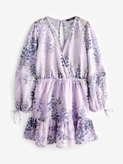 Lilac Purple Floral Kew Collection Long Sleeve Wrap Mini Dress - Image 4 of 5