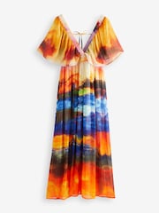 Multi Scenic Print Angel Sleeve Tiered Maxi Dress - Image 1 of 8