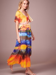 Multi Scenic Print Angel Sleeve Tiered Maxi Dress - Image 3 of 8