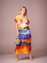 Multi Scenic Print Angel Sleeve Tiered Maxi Dress - Image 4 of 8