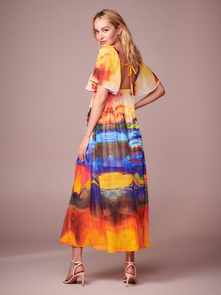 Multi Scenic Print Angel Sleeve Tiered Maxi Dress - Image 8 of 8