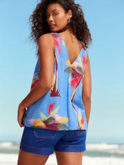Blue Palm Print Linen Blend V-Neck Summer Top - Image 1 of 1