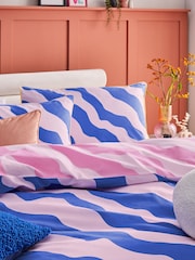 Blue/Pink Reversible Bright Wave with Pipe Edge Duvet Cover and Pillowcase Set - Image 1 of 8