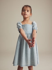 Blue Textured 100% Cotton Dress (3-16yrs) - Image 1 of 5