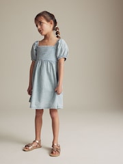 Blue Textured 100% Cotton Dress (3-16yrs) - Image 2 of 5