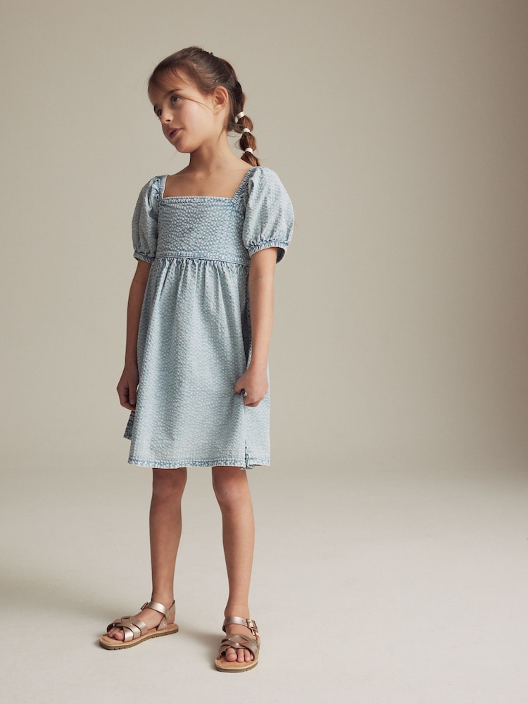 Blue Textured 100% Cotton Dress (3-16yrs) - Image 2 of 5