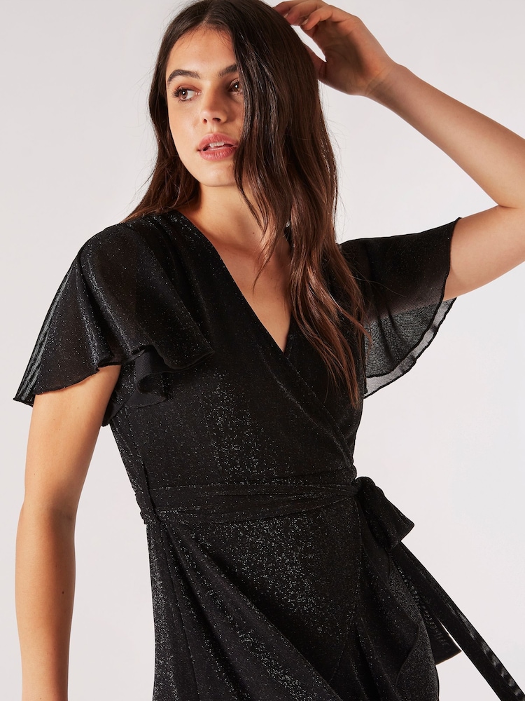 Apricot Black Angel Sleeve Wrap Sparkle Dress - Image 4 of 4