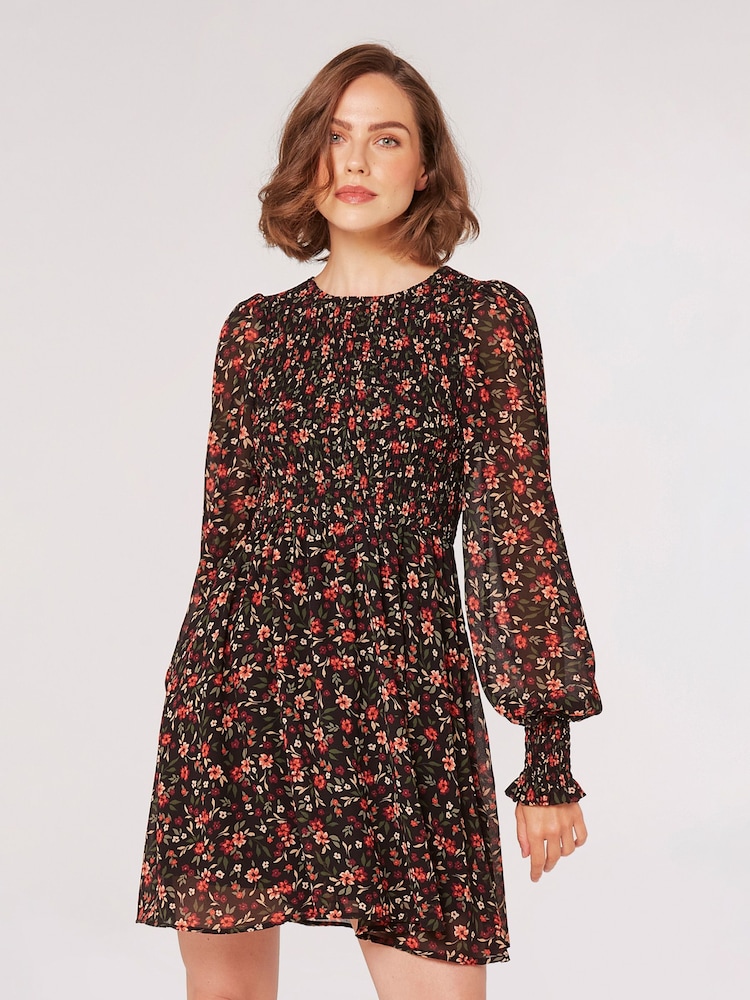 Apricot Red Autumnal Ditsy Smocked Neck Dress - Image 1 of 4