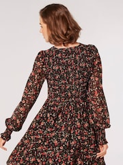 Apricot Red Autumnal Ditsy Smocked Neck Dress - Image 2 of 4