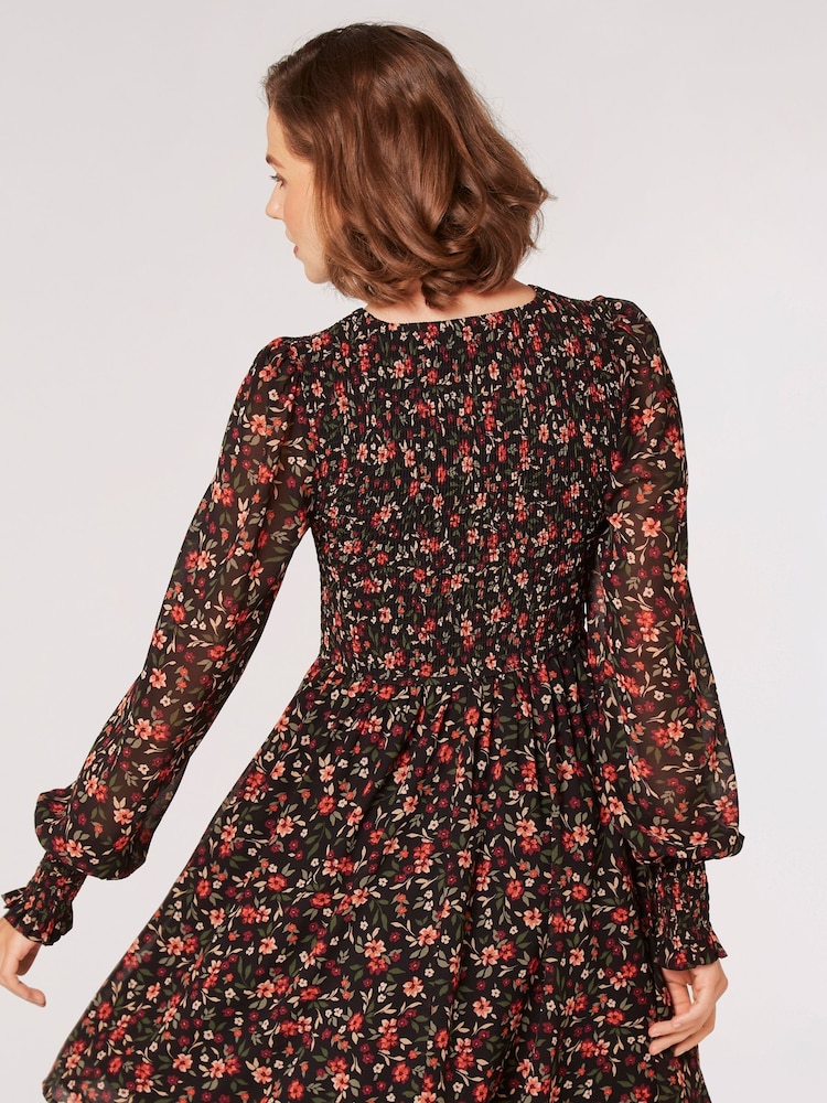 Apricot Red Autumnal Ditsy Smocked Neck Dress - Image 2 of 4